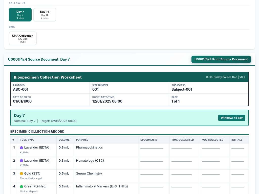 B.I.O. Buddy — biospecimen collection worksheet with source documents